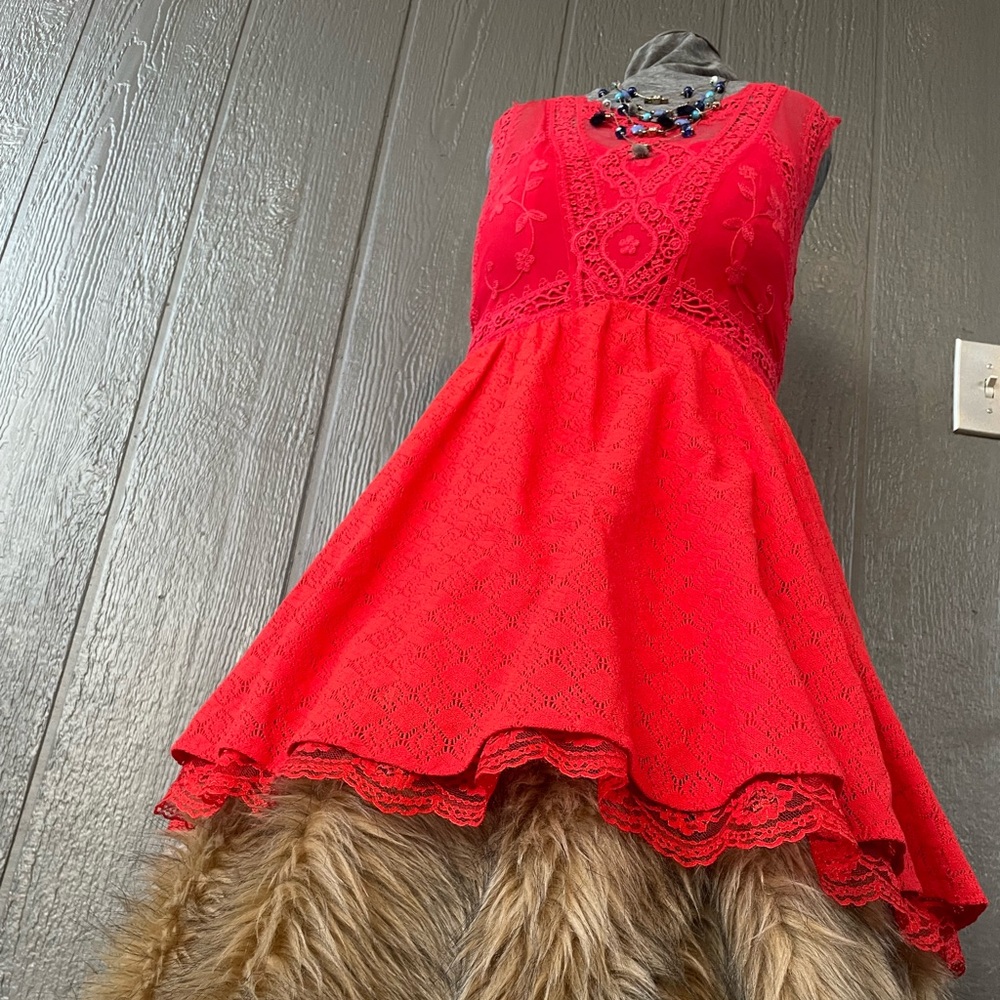 Free People Vibrant Red Lace Dress